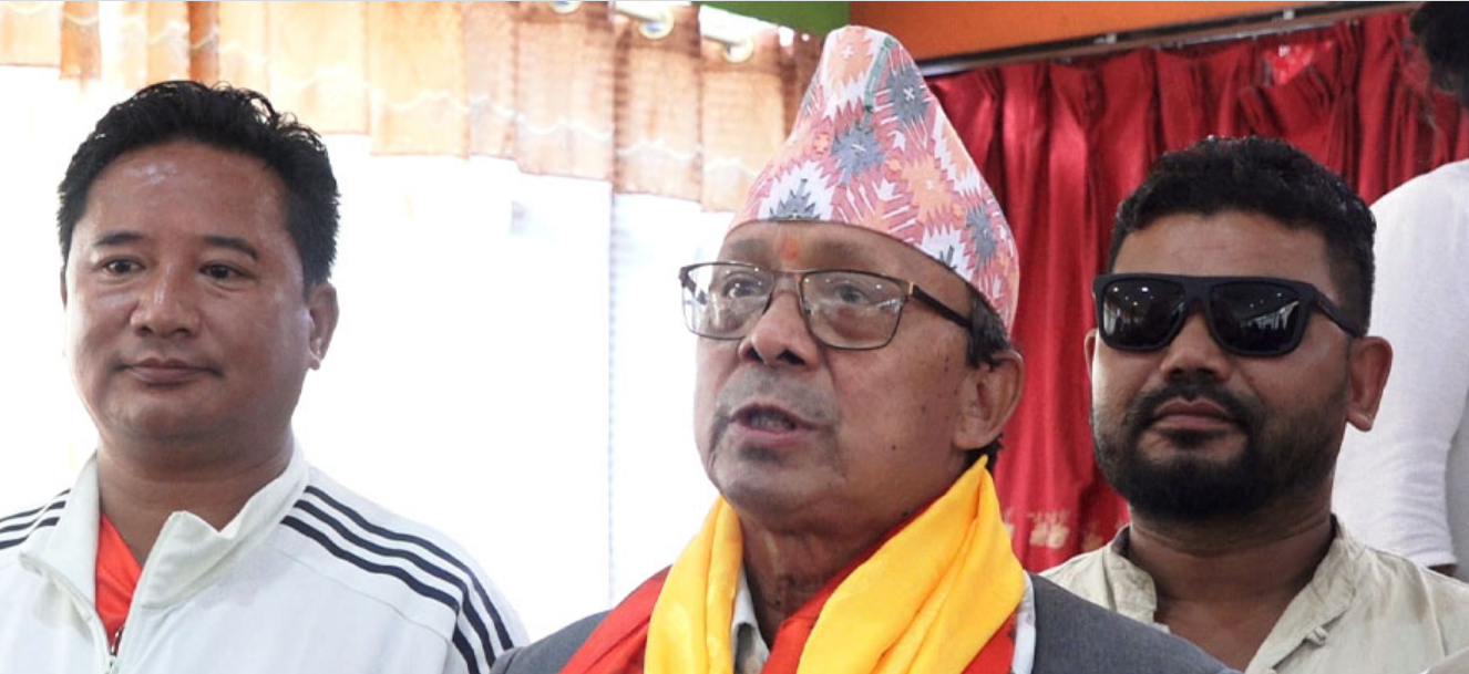 Lalbir Chaudhary speaking at a press event in Kathmandu regarding the restructuring of the Naupaa party on July 31, 2025."